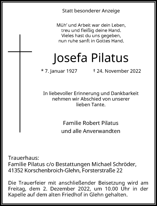 Traueranzeige von Josefa Pilatus von Rheinische Post