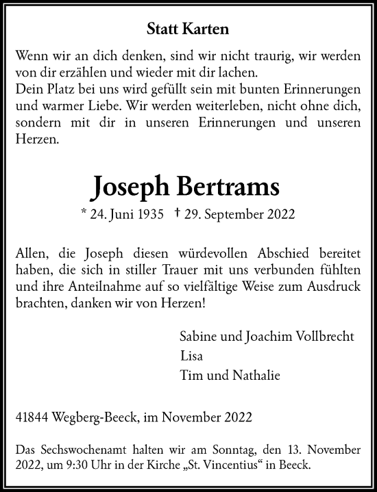 Traueranzeige von Joseph Bertrams von Rheinische Post