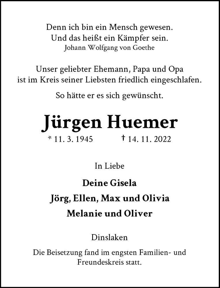  Traueranzeige für Jürgen Huemer vom 26.11.2022 aus Rheinische Post