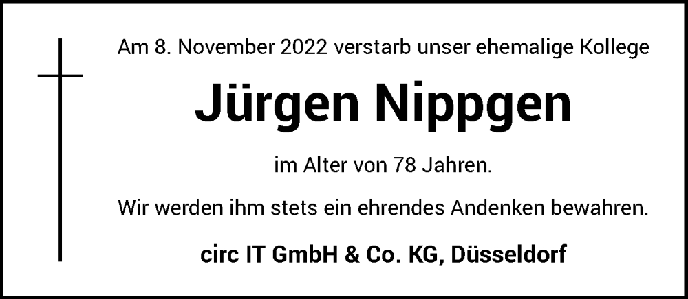  Traueranzeige für Jürgen Nippgen vom 26.11.2022 aus Rheinische Post