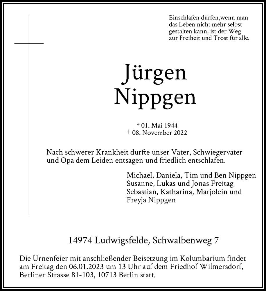  Traueranzeige für Jürgen Nippgen vom 18.11.2022 aus Rheinische Post