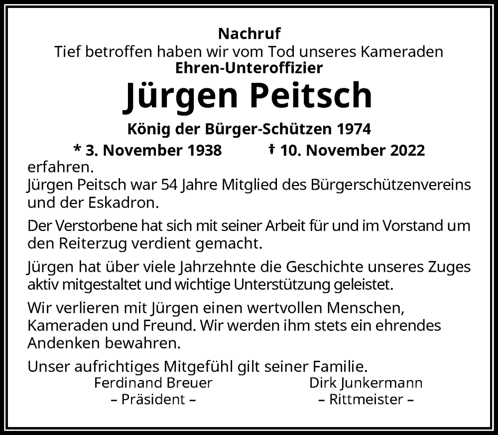 Traueranzeige für Jürgen Peitsch vom 24.11.2022 aus Rheinische Post