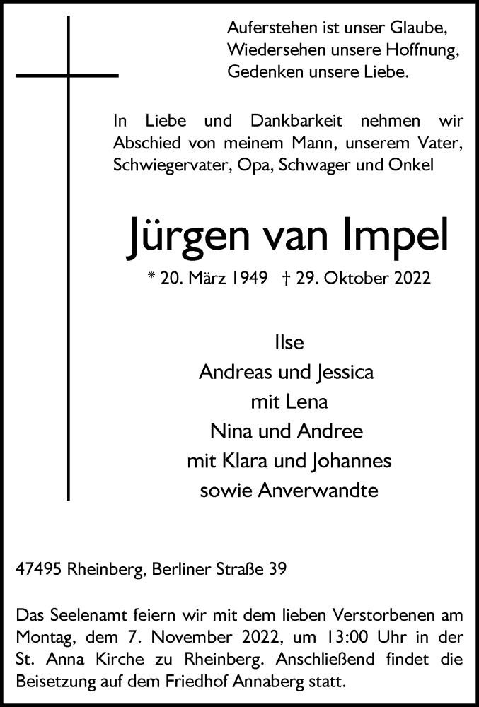  Traueranzeige für Jürgen van Impel vom 03.11.2022 aus Rheinische Post
