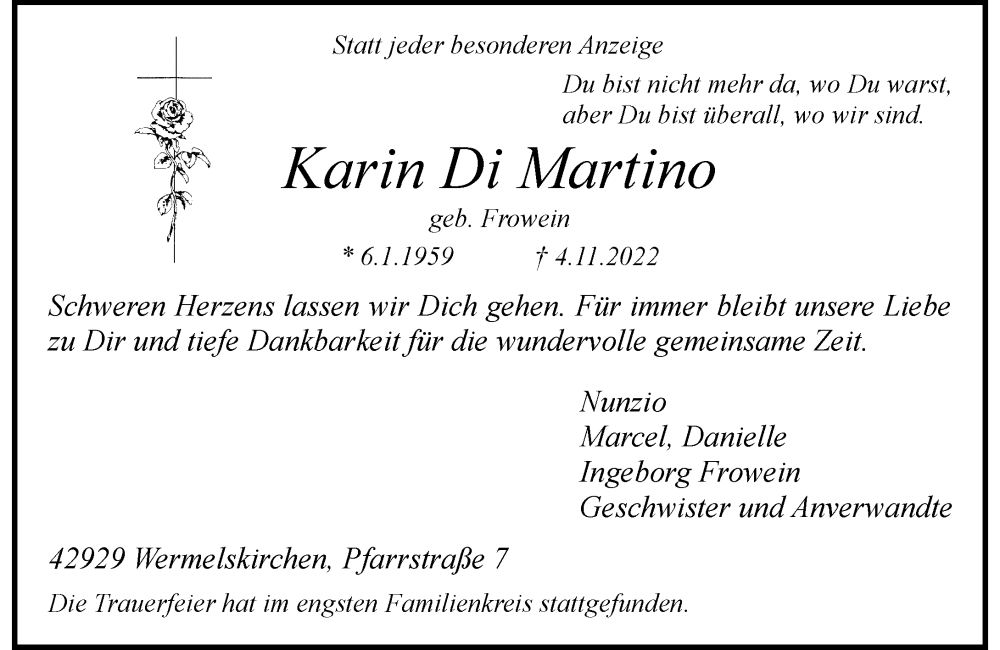  Traueranzeige für Karin Di Martino vom 17.11.2022 aus Rheinische Post