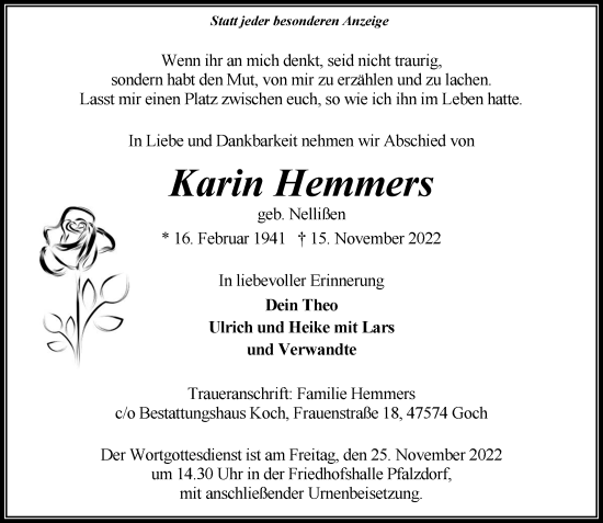 Traueranzeige von Karin Hemmers von Rheinische Post