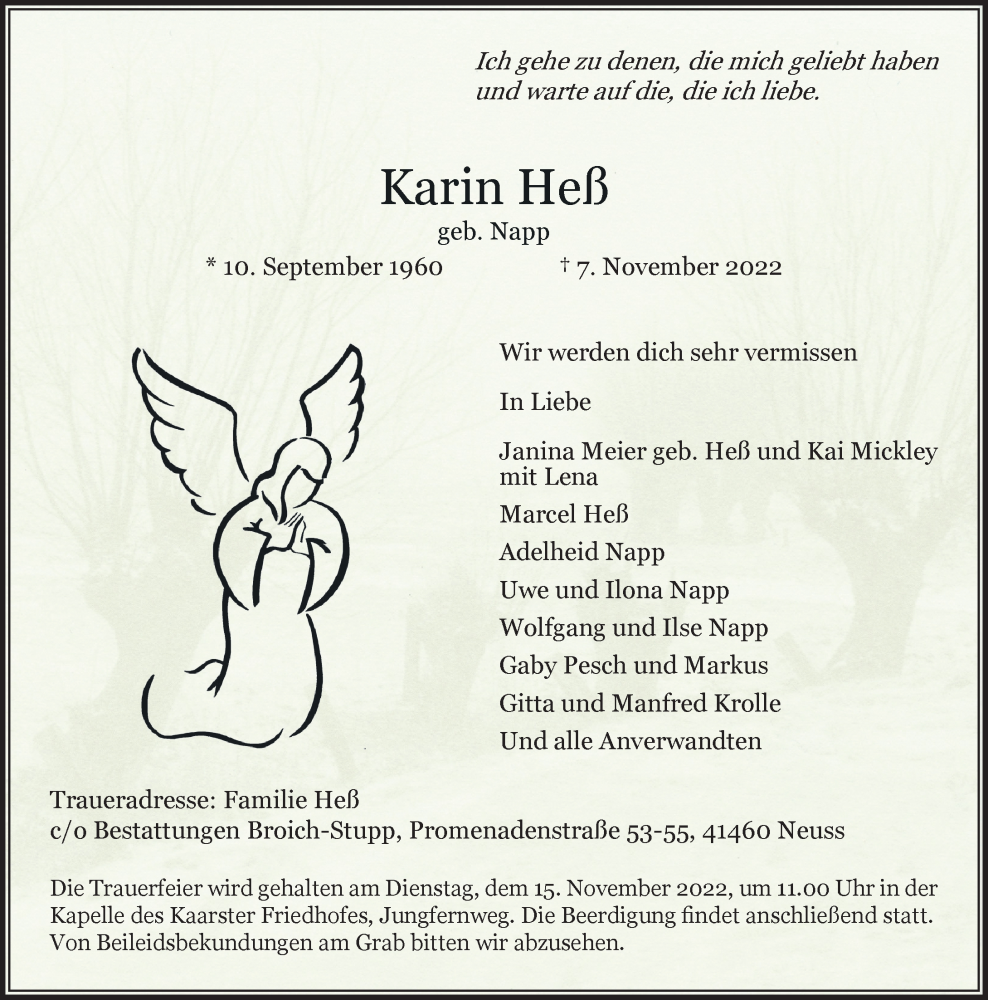  Traueranzeige für Karin Heß vom 12.11.2022 aus Rheinische Post