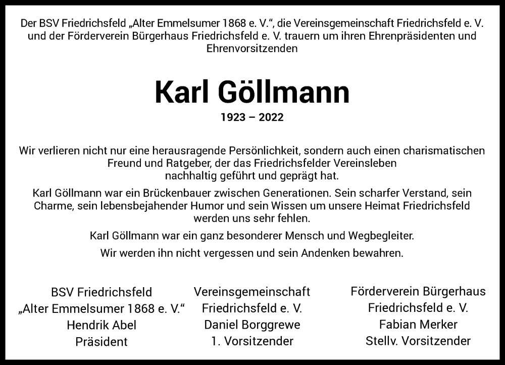  Traueranzeige für Karl Göllmann vom 24.11.2022 aus Rheinische Post