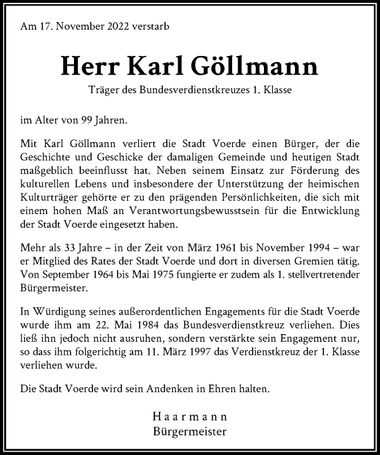 Traueranzeige von Karl Göllmann von Rheinische Post