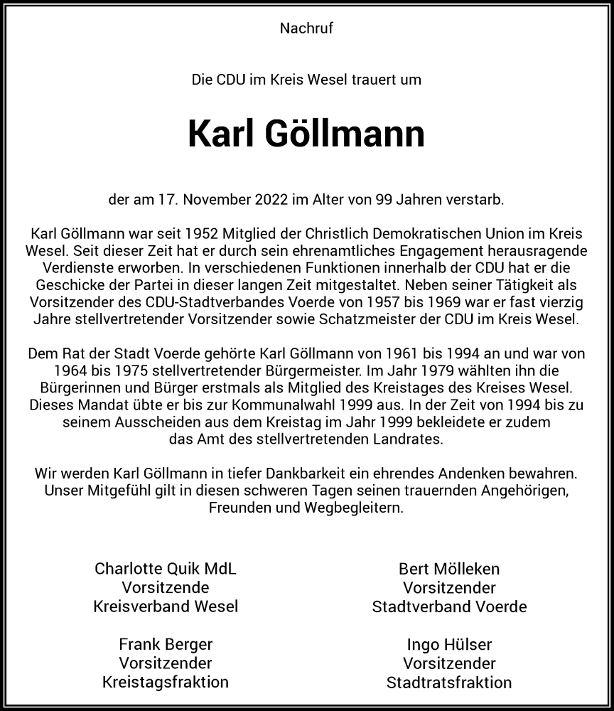  Traueranzeige für Karl Göllmann vom 26.11.2022 aus Rheinische Post