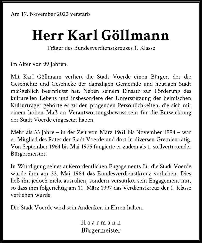  Traueranzeige für Karl Göllmann vom 25.11.2022 aus Rheinische Post