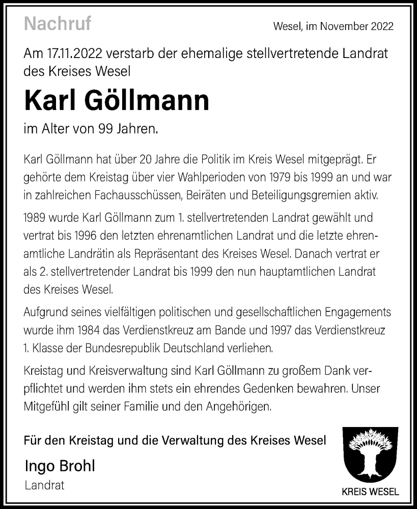  Traueranzeige für Karl Göllmann vom 30.11.2022 aus Rheinische Post