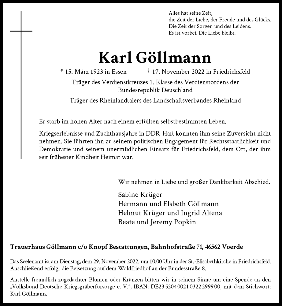  Traueranzeige für Karl Göllmann vom 24.11.2022 aus Rheinische Post