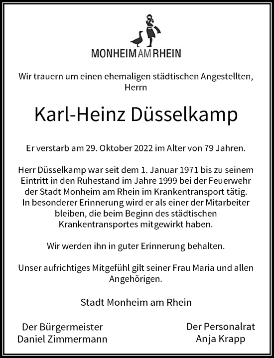 Traueranzeige von Karl-Heinz Düsselkamp von Rheinische Post