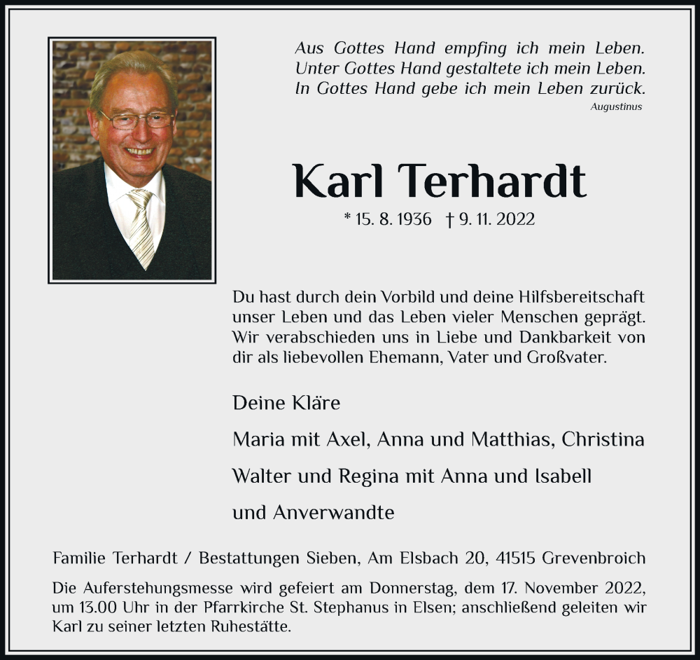  Traueranzeige für Karl Terhardt vom 12.11.2022 aus Rheinische Post