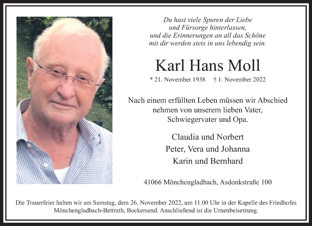  Traueranzeige für Karl Hans Moll vom 19.11.2022 aus Rheinische Post