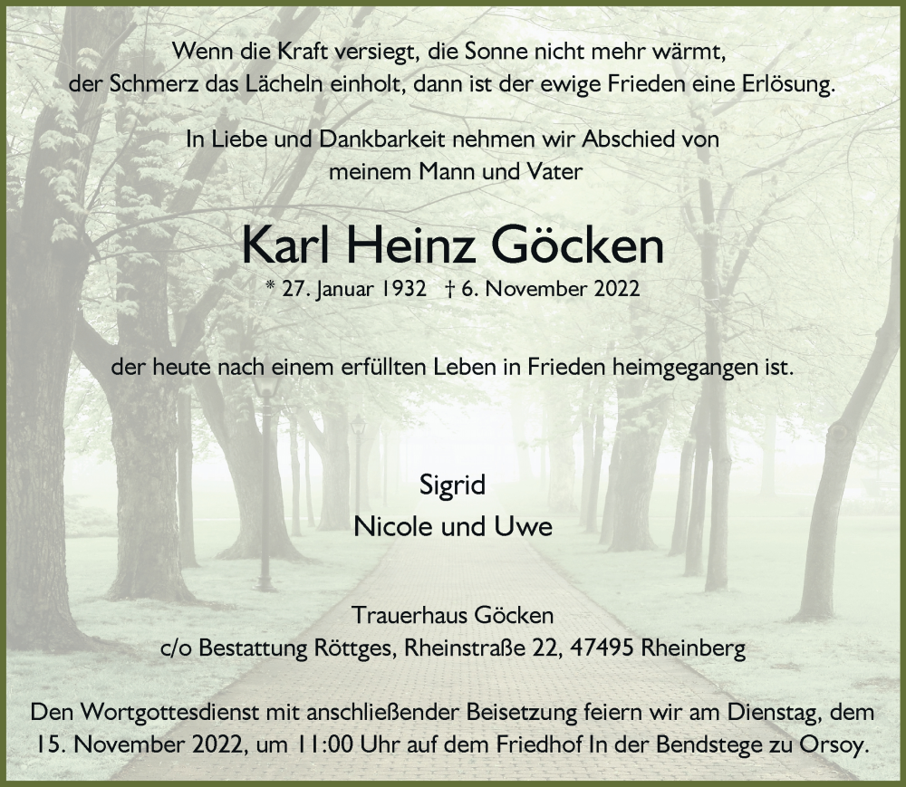  Traueranzeige für Karl Heinz Göcken vom 09.11.2022 aus Rheinische Post