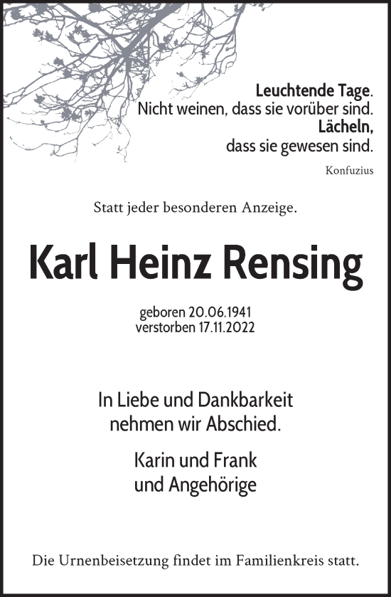 Traueranzeige von Karl Heinz Rensing von Rheinische Post