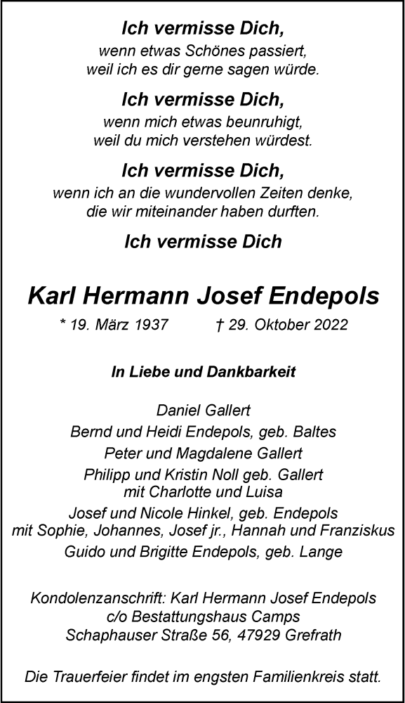  Traueranzeige für Karl Hermann Josef Endepols vom 05.11.2022 aus Rheinische Post