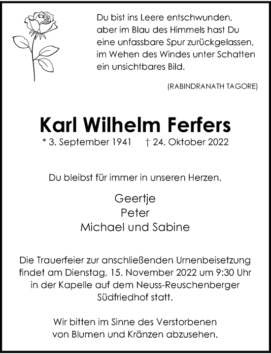 Traueranzeige von Karl Wilhelm Ferfers von Rheinische Post