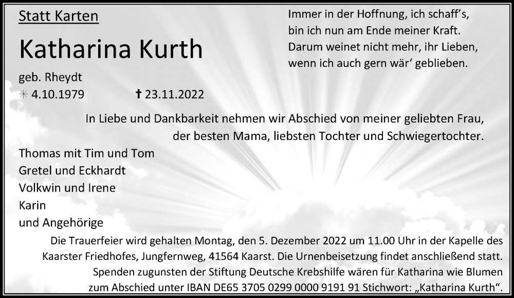  Traueranzeige für Katharina Kurth vom 30.11.2022 aus Rheinische Post