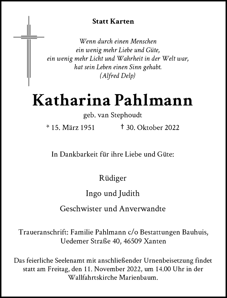  Traueranzeige für Katharina Pahlmann vom 05.11.2022 aus Rheinische Post