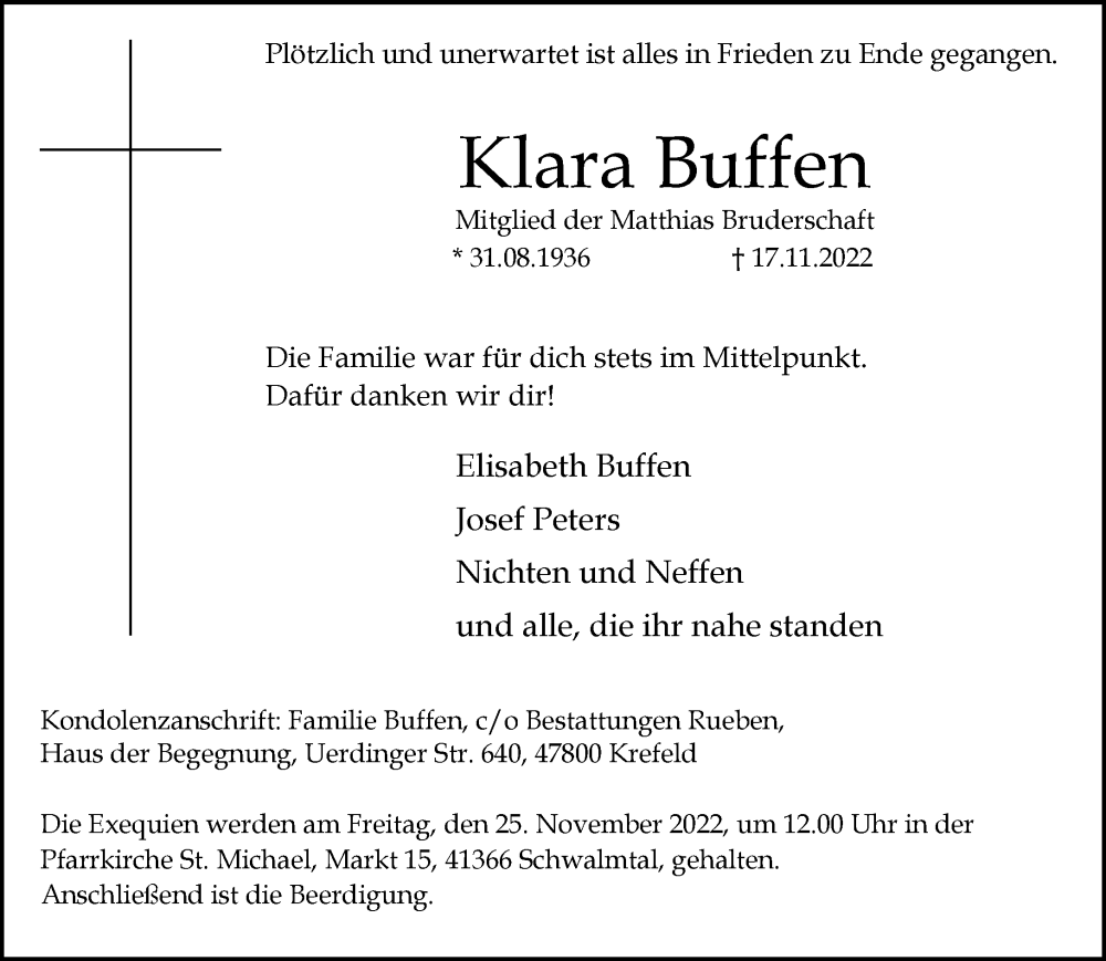  Traueranzeige für Klara Buffen vom 22.11.2022 aus Rheinische Post