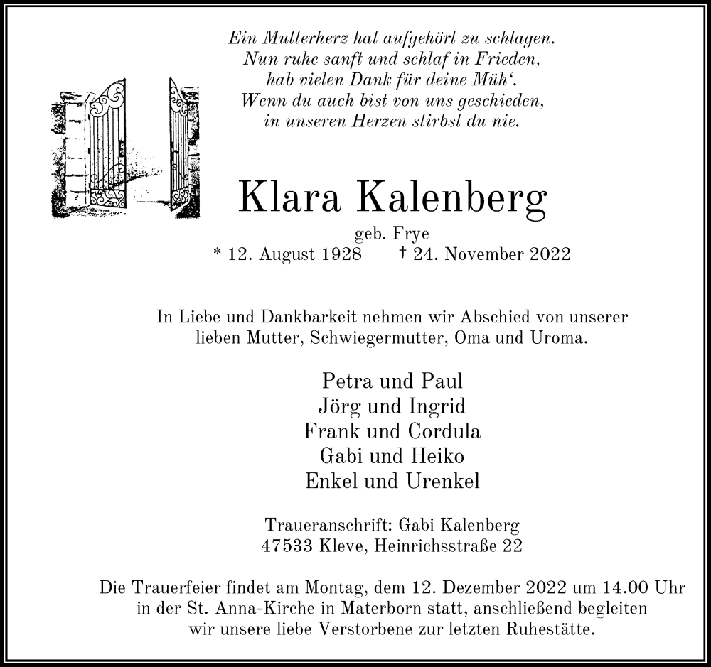  Traueranzeige für Klara Kalenberg vom 03.12.2022 aus Rheinische Post