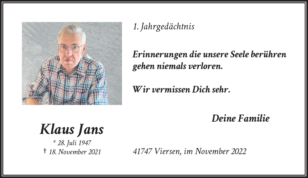  Traueranzeige für Klaus Jans vom 19.11.2022 aus Rheinische Post