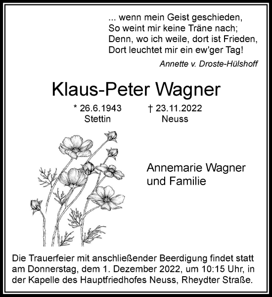 Traueranzeige von Klaus-Peter Wagner von Rheinische Post