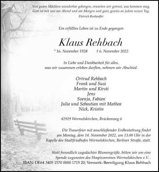 Traueranzeige von Klaus Rehbach von Rheinische Post