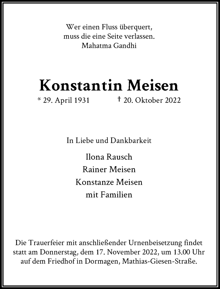  Traueranzeige für Konstantin Meisen vom 16.11.2022 aus Rheinische Post