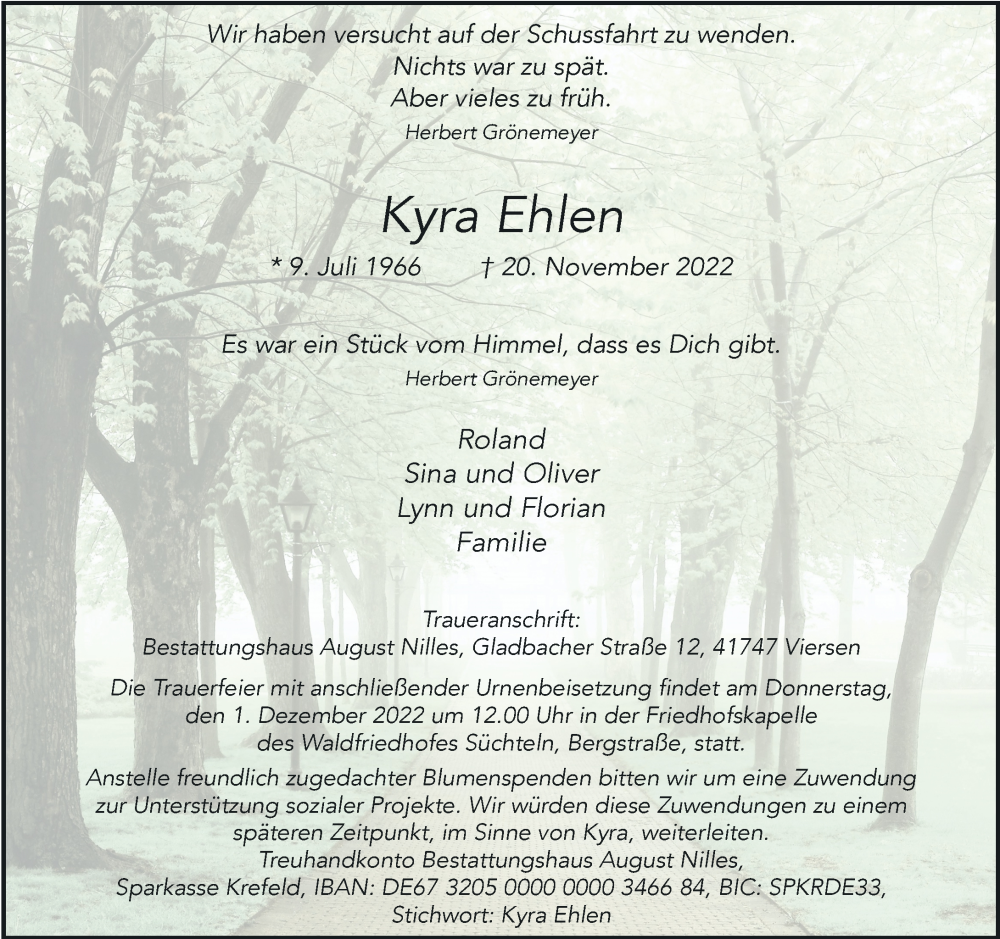  Traueranzeige für Kyra Ehlen vom 26.11.2022 aus Rheinische Post