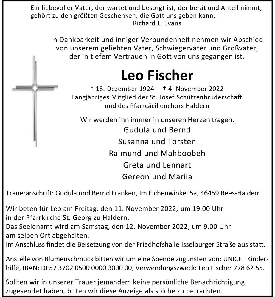  Traueranzeige für Leo Fischer vom 09.11.2022 aus Rheinische Post