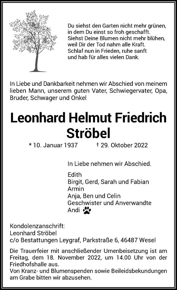  Traueranzeige für Leonhard Helmut Ströbel vom 12.11.2022 aus Rheinische Post