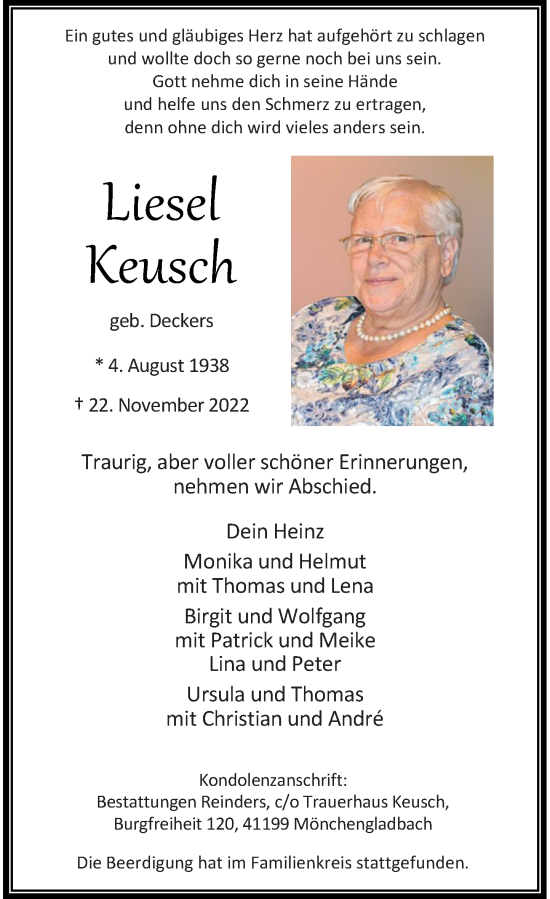 Traueranzeige von Liesel Keusch von Rheinische Post