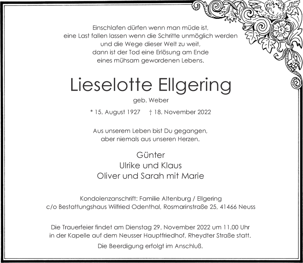  Traueranzeige für Lieselotte Ellgering vom 26.11.2022 aus Rheinische Post