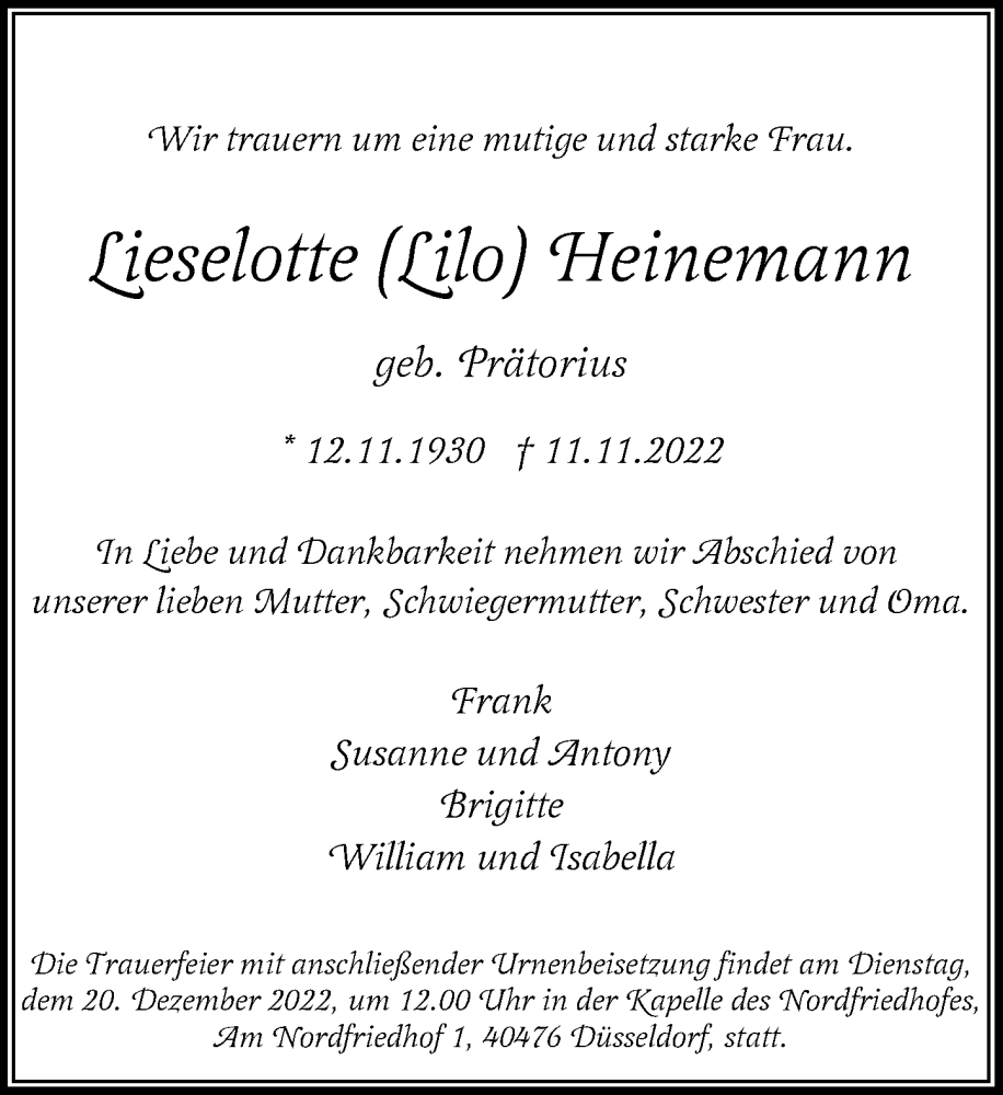  Traueranzeige für Lieselotte Heinemann vom 19.11.2022 aus Rheinische Post