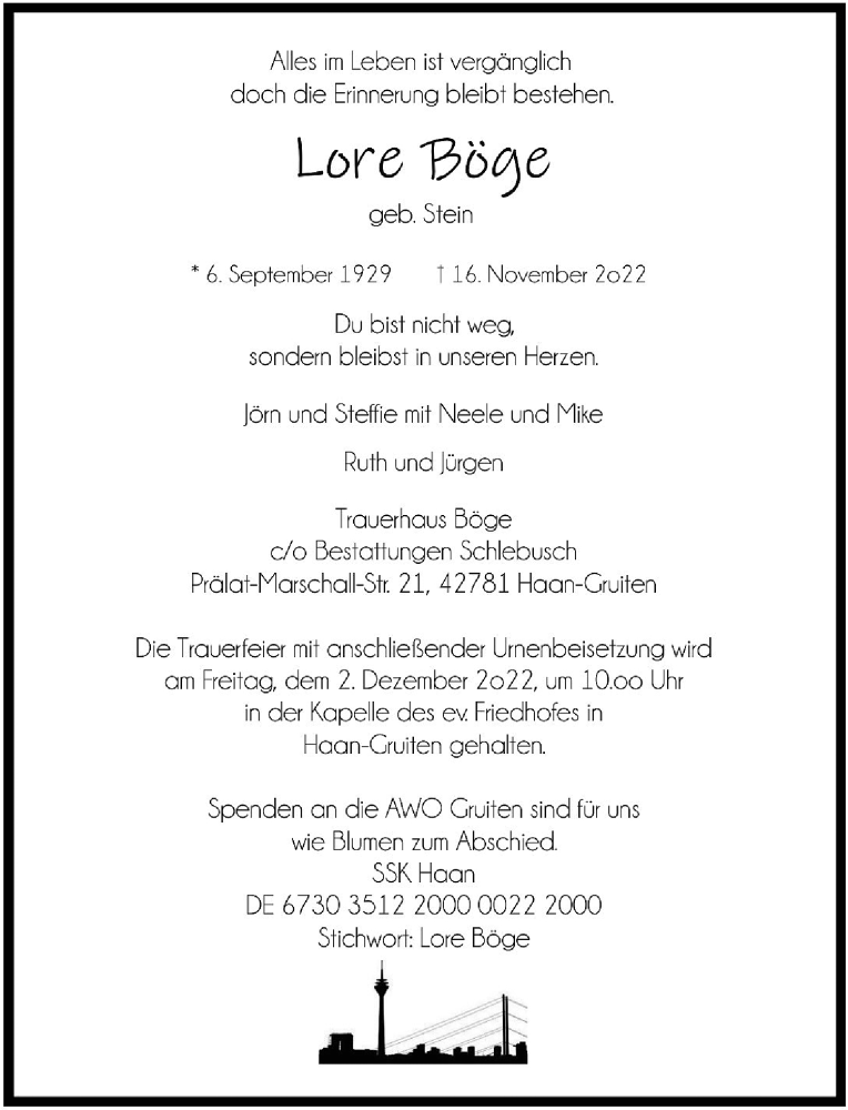  Traueranzeige für Lore Böge vom 26.11.2022 aus Rheinische Post