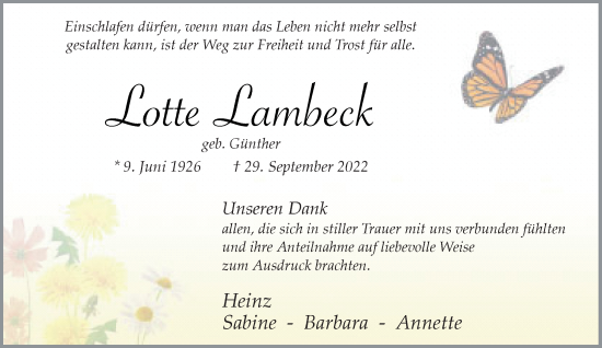 Traueranzeige von Lotte Lambeck von Rheinische Post