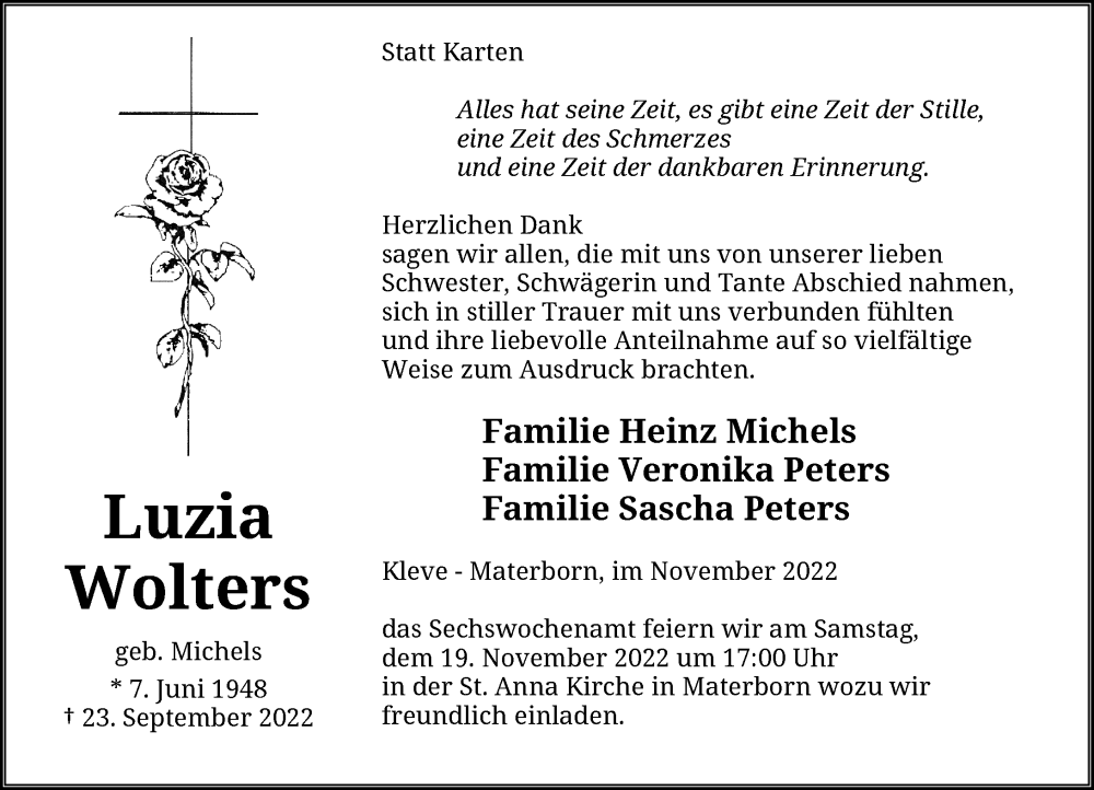  Traueranzeige für Luzia Wolters vom 12.11.2022 aus Rheinische Post
