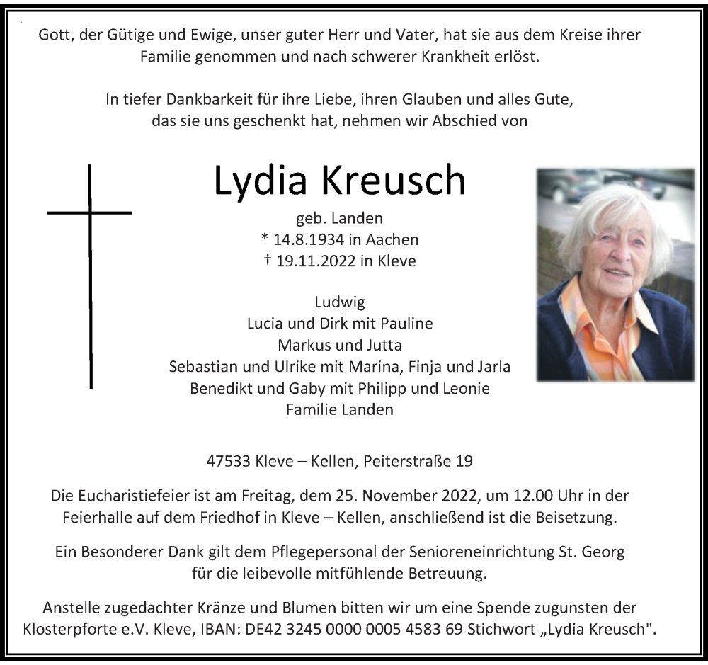  Traueranzeige für Lydia Kreusch vom 23.11.2022 aus Rheinische Post