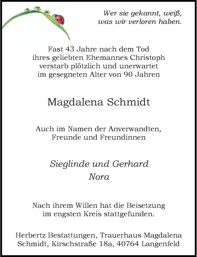  Traueranzeige für Magdalena Schmidt vom 26.11.2022 aus Rheinische Post