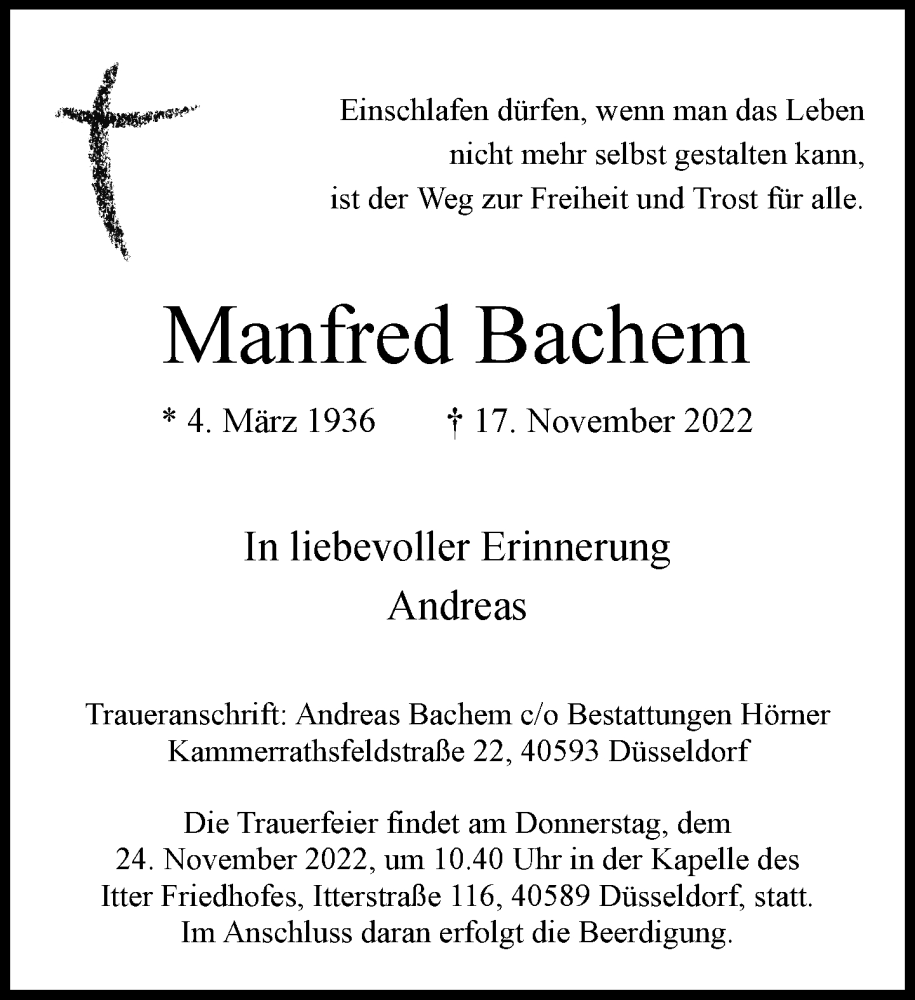  Traueranzeige für Manfred Bachem vom 19.11.2022 aus Rheinische Post