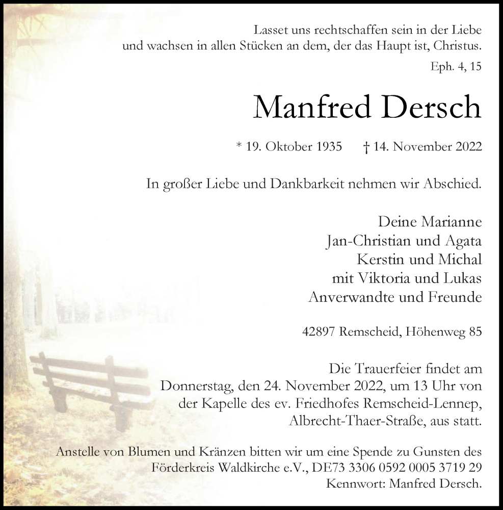  Traueranzeige für Manfred Dersch vom 19.11.2022 aus Rheinische Post