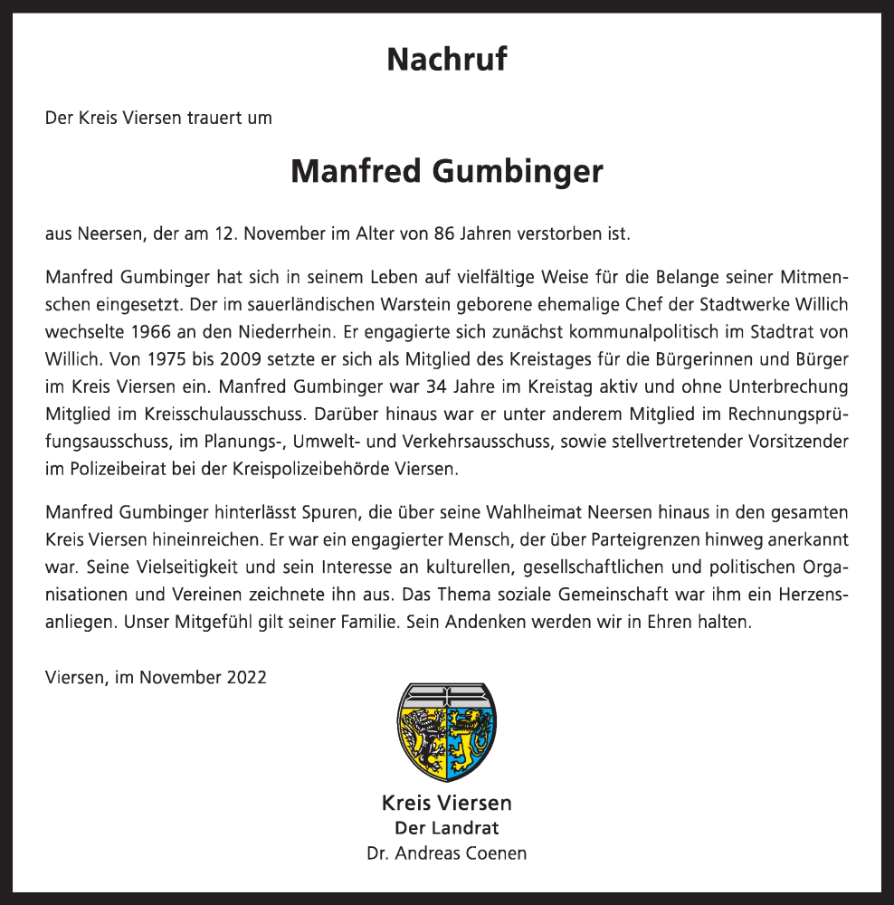  Traueranzeige für Manfred Gumbinger vom 26.11.2022 aus Rheinische Post