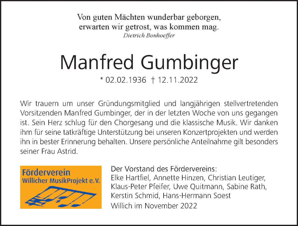  Traueranzeige für Manfred Gumbinger vom 23.11.2022 aus Rheinische Post