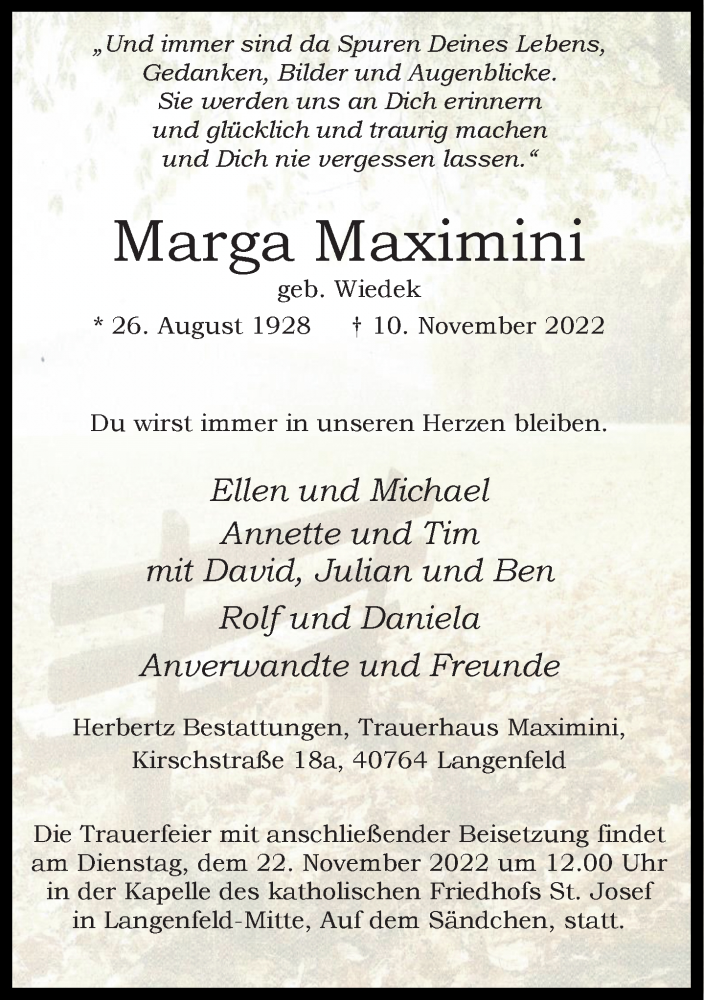  Traueranzeige für Marga Maximini vom 19.11.2022 aus Rheinische Post