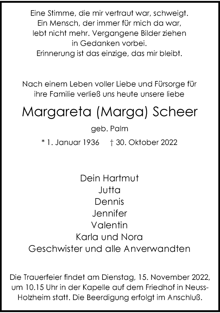  Traueranzeige für Margareta  Scheer vom 12.11.2022 aus Rheinische Post