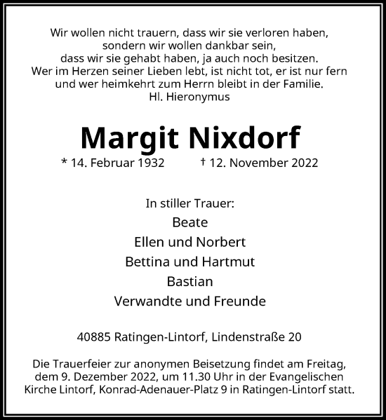 Traueranzeige von Margit Nixdorf von Rheinische Post