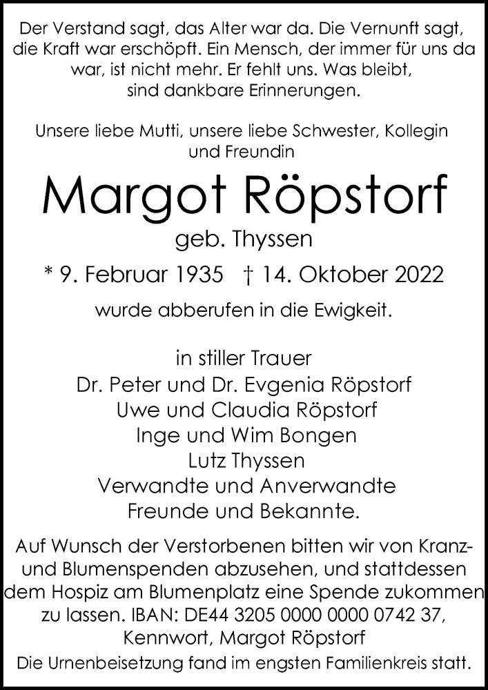  Traueranzeige für Margot Röpstorf vom 12.11.2022 aus Rheinische Post